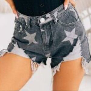 Blue Buttercup Black Faded white Star Highrise Rigid Raw Hem Cuff Jean Short (L)